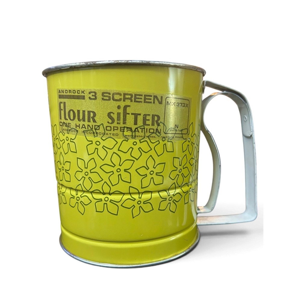 Vintage Androck 3-Screen Flour Sifter Retro Avocado Green Floral Daisy 1970s